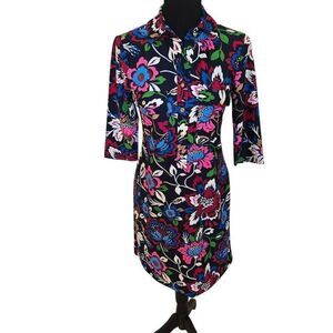 Jude Connally Womens Floral 3/4 Sleeve Button Placket Dress Navy Size XS